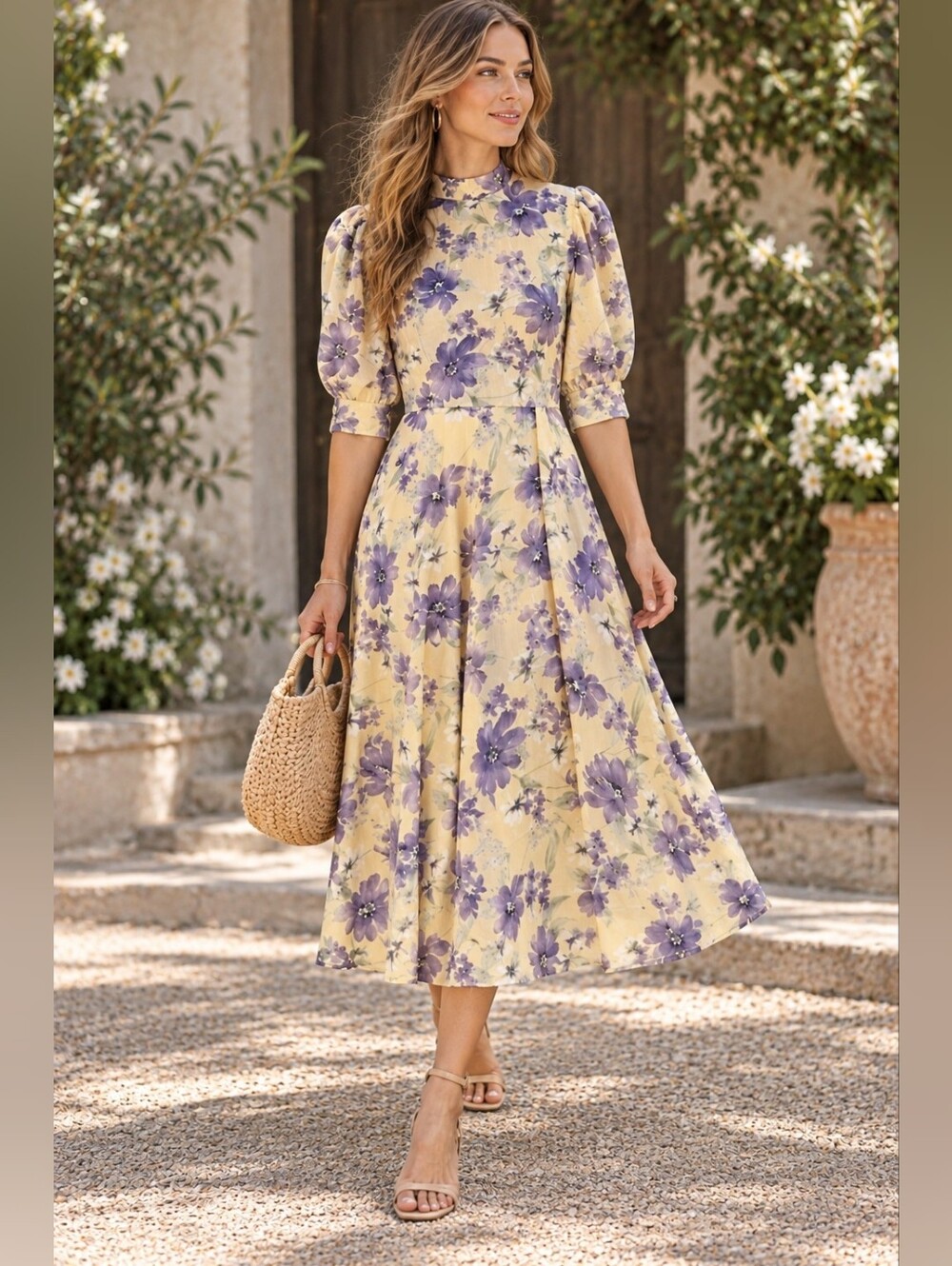 Geegee Mock Neck Midi Dress Puff Sleeve Keyhole Flowy Lined Yellow Floral Small